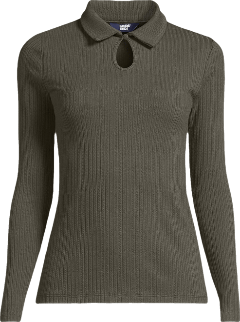 Plus Size Long Sleeve Pointelle Rib Keyhole Polo Top