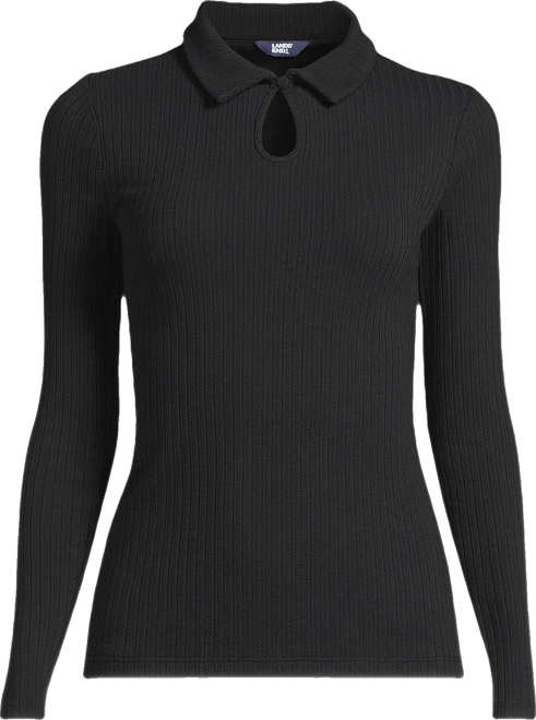 Plus Size Long Sleeve Pointelle Rib Keyhole Polo Top