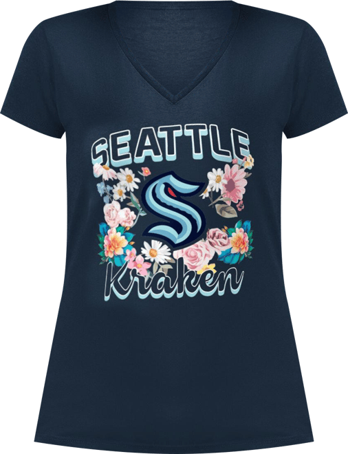 Women's Deep Sea Blue Seattle Kraken Flower Logo Fitted V-Neck T-Shirt