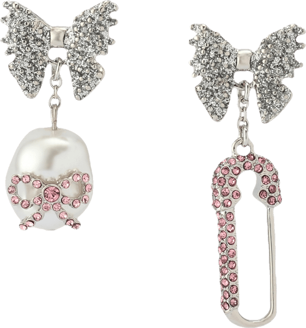 Faux Stone Bow Pearl Safety Pin Mismatch Earrings