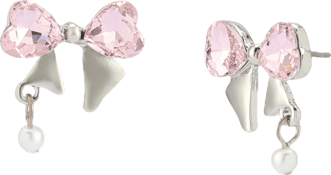 Faux Stone Heart Bow Cultivated Pearl Stud Earrings
