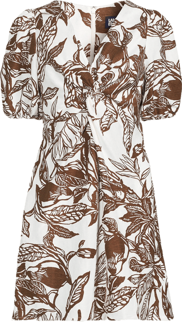 Petite Linen Above the Knee Puff Sleeve Dress