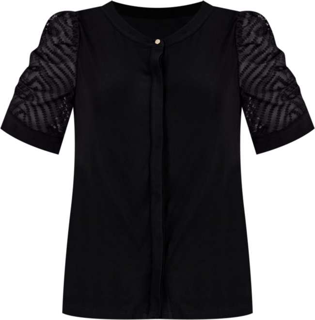 Anne Klein Petite Mixed-Media Elbow-Sleeve Hidden-Placket Top