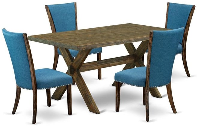 5Pc Dining Table set Includes a Dinette Table and 4 Parson Dining Chairs with Blue Color Linen Fabric, Distressed Jacobean Finish