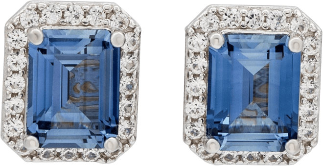 Suzy Levian Sterling Silver Emerald Cut Sapphire & Created White Sapphire Halo Stud Earrings
