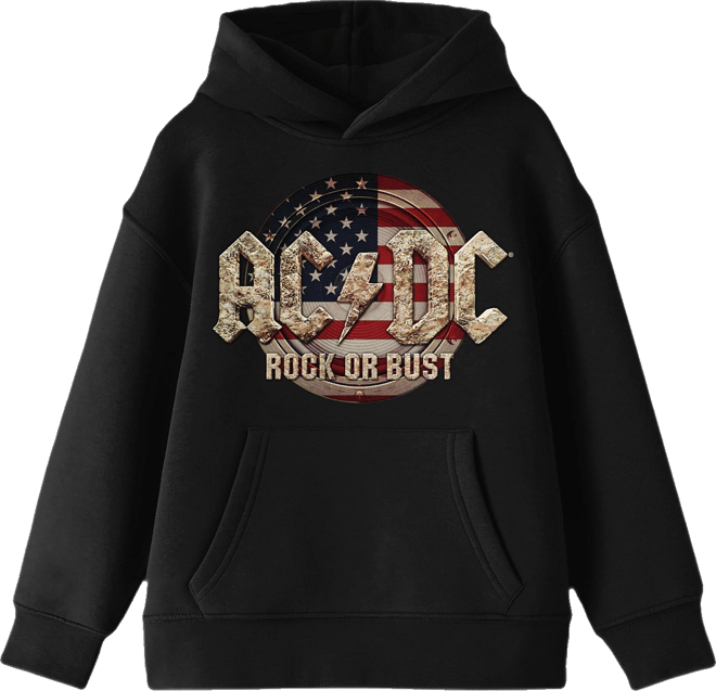 Boys Acdc Rock Or Bust Long Sleeve Black Hooded Sweatshirt-xl