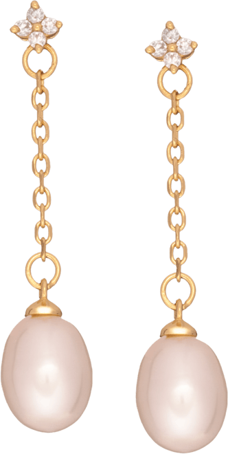 Cultured Freshwater Pearl (7x9mm) & Cubic Zirconia Linear Chain Drop Earrings in 18k Gold-Plated Sterling Silver