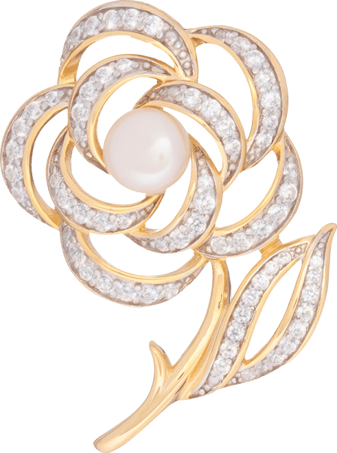 Cultured Freshwater Pearl (6-1/2mm) & Cubic Zirconia Flower & Stem Pin in 18k Gold-Plated Sterling Silver