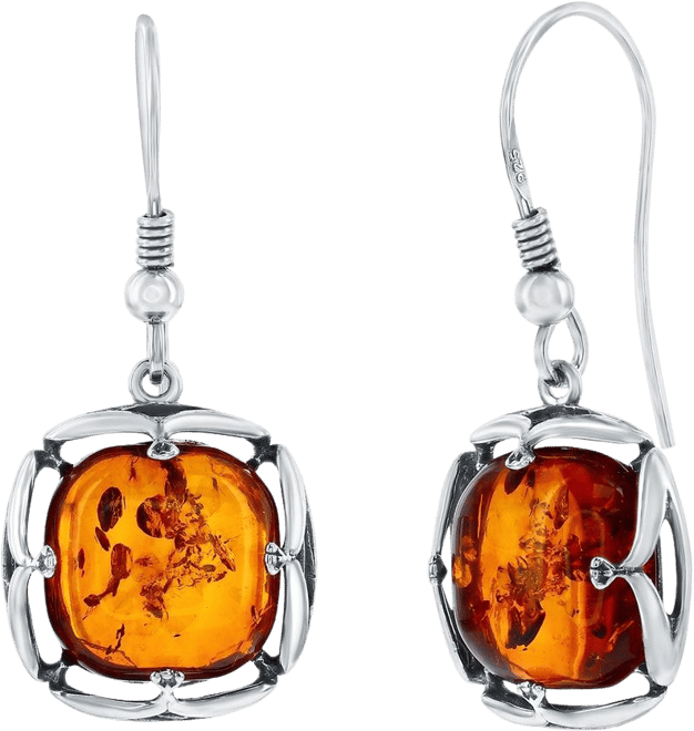 Sterling Silver, Square Designed Amber Dangle Earrings