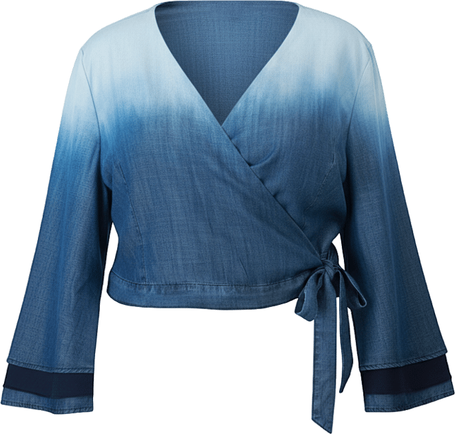 Plus Size Dip Dye Bell Sleeve Denim Wrap Crop Top