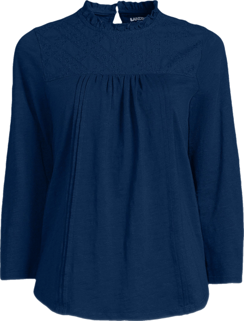 Women's Plus Size 3/4 Sleeve Cotton Slub Lace Trim Top