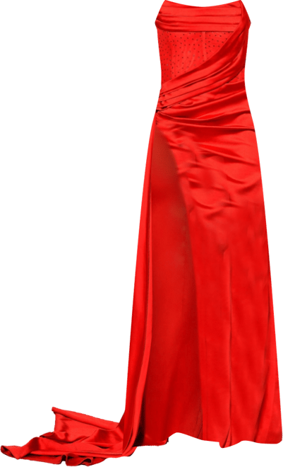 Women Holly Red Crystallized Corset High Slit Satin Gown