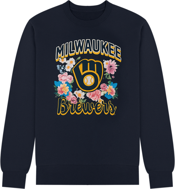 Women's Navy Milwaukee Brewers Flowers Graphic Pullover Sweatshirt