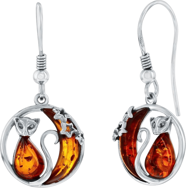 Sterling Silver, Cat & Moon Amber Dangle Earrings