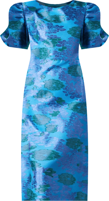 Women's Jacquard Floral Puff Sleeve Midi Dress