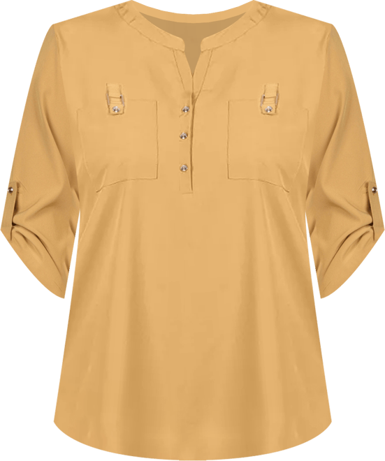 Plus Size 3/4 Tabbed Sleeve Y Neck Top