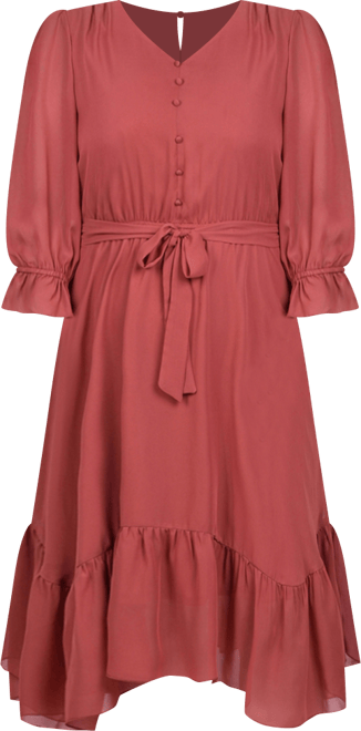Plus Size 3/4 Sleeve V-Neck Flounced Dress