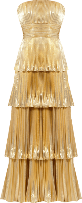 Women's Strapless Pleated Metallic Layered High Low Gown