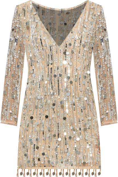 Women's Beaded Fringe Detail Dress with Plunging Neckline and Long Sleeves