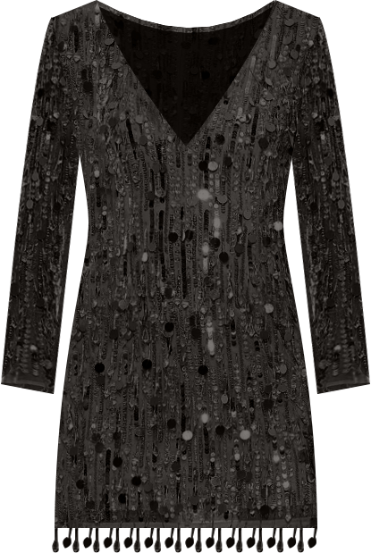 Women's Beaded Fringe Detail Dress with Plunging Neckline and Long Sleeves