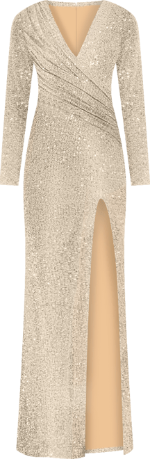 Women's Ieena Sequined Long Sleeve Faux Wrap Ruched Gown