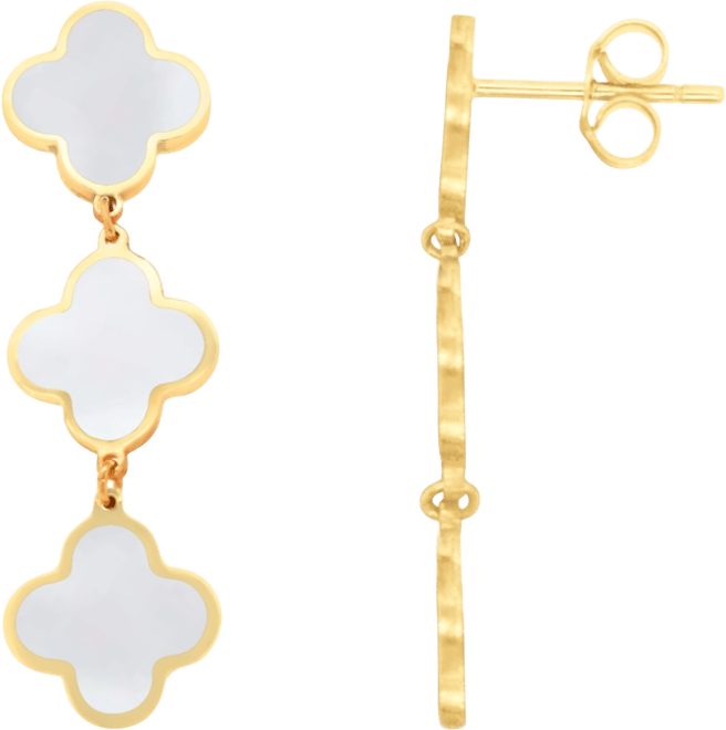Mother of Pearl Clover Dangle Earrings 14K Gold 1.25 inches