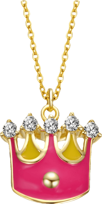 14K Gold Plated with Colored Enamel & Clear Cubic Zirconia Crown Pendant Necklace