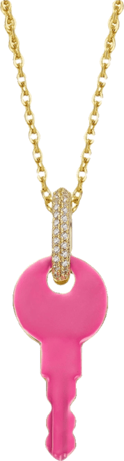 14K Gold Plated with Pink Enamel & Clear Cubic Zirconia Key Pendant Necklace