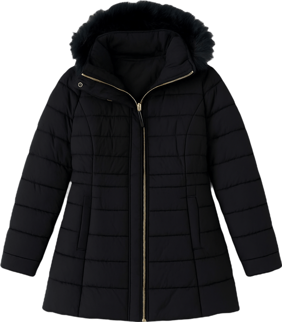 Juniors' Faux-Fur Hooded Bibbed Puffer Coat