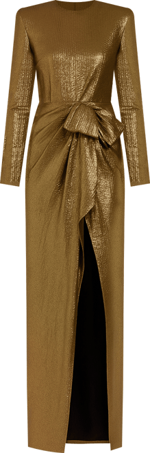 Women's Metallic Jersey Long Sleeve Gown With Bow
