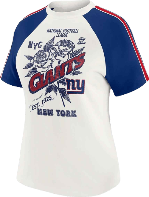 Women's White New York Giants Sleeve Stripe Distressed Raglan T-Shirt