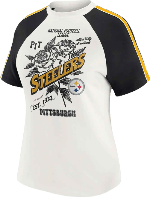Women's White Pittsburgh Steelers Sleeve Stripe Distressed Raglan T-Shirt