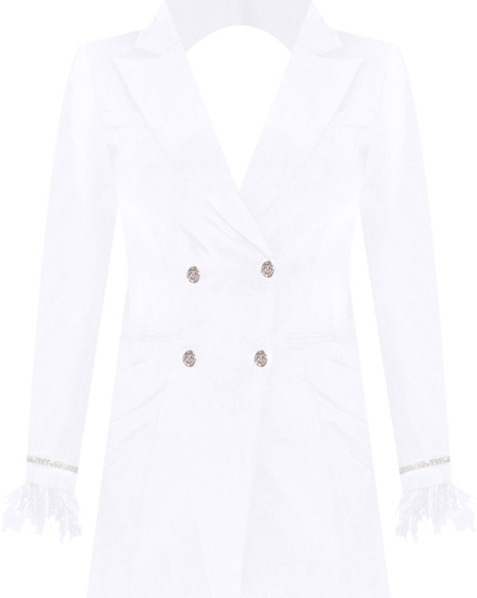 Women Quilla White Feather Crystal Sleeve Backless Blazer Dress