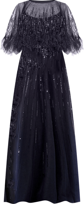 Women's Embellished A Line Dress with Feather Detail Cape