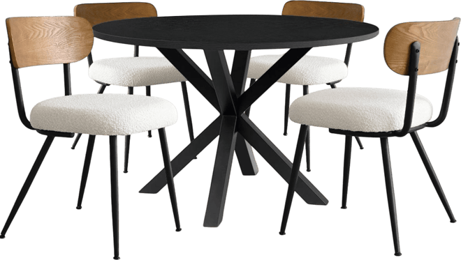 Modern 39.4 Inch Round Black Pedestal Dining Table with 4 Cozy Upholstered Boucle Chairs, Stylish Dining Room Set-