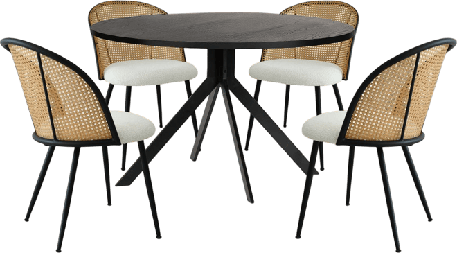 5-Piece Black Dining Set with 43 Inch Round Table & Faux Rattan Chairs, Modern Kitchen & Small Dining Room Furniture for Apartments-