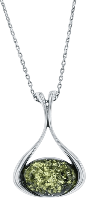 Sterling Silver, Oval Green Amber, Pear-Shaped Pendant