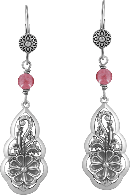 Sterling Silver Rhodonite Flower Gemstone Bead Lever Back Earrings