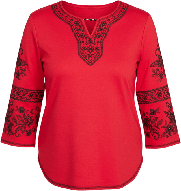 Women's Jet Setter Knit Embroidered Sleeve Beaded Split Neck Top
