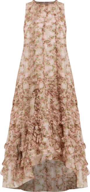 Women's Sleeveless Floral Print Chiffon Micro Ruffle Gown