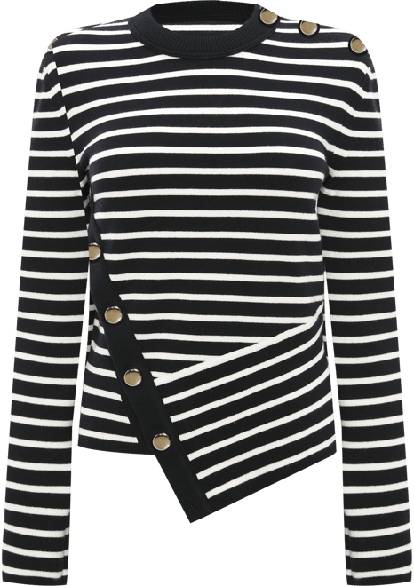 Women's Snap Trim Stripe Asymmetrical Sweater