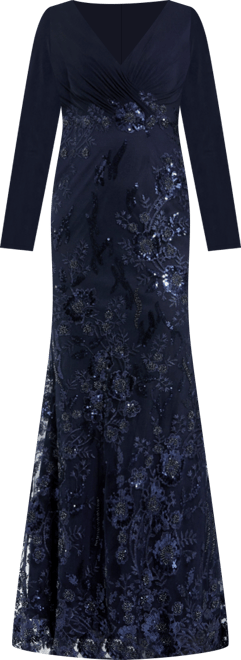 Embellished Long Sleeve Wrap Over Trumpet Gown