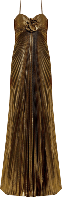 Mac Duggal Women's Thin Strap Pleated Metallic Gown With 3D Flower - Macy's
