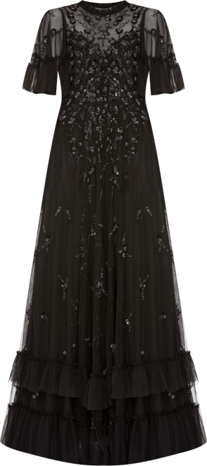 Women's Ruffled Floral Embellished Flutter Sleeve A-Line Gown