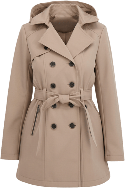 Women's Belted Double Breasted Soft Shell Trench Coat With Detachable Hood