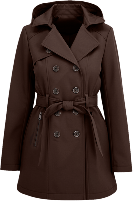 Women's Belted Double Breasted Soft Shell Trench Coat With Detachable Hood