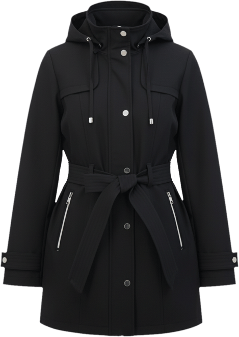 Women's Belted Zip Front Soft Shell Trench Coat With Detachable Hood