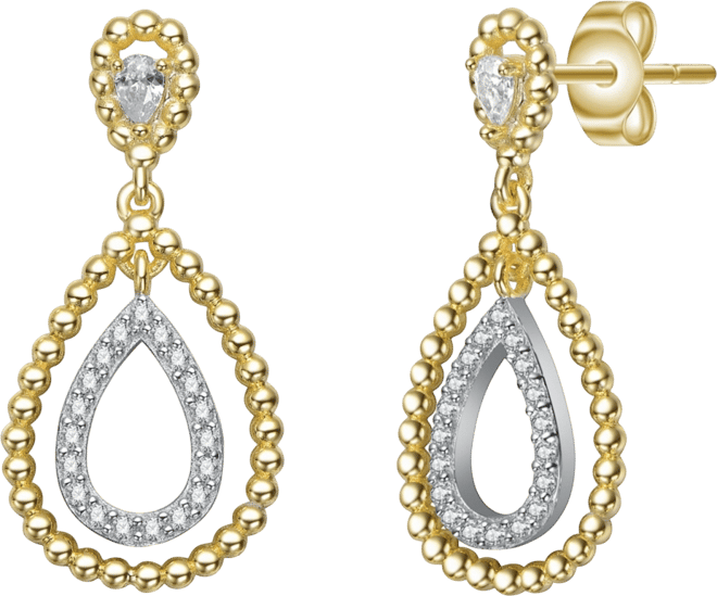 Two Tone with Clear Cubic Zirconia Tear Drop Earrings