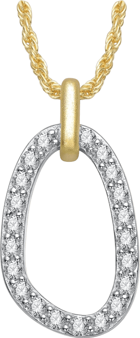 Two Tone with Clear Cubic Zirconia Oval Shaped Drop Pendant Necklace