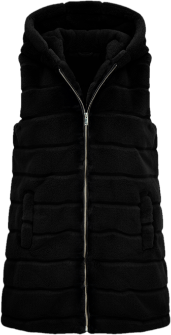 Women's Hooded Grooved 3/4 Faux Fur Vest